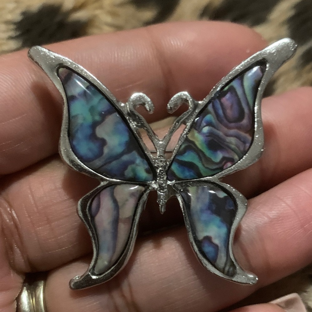 Silver Butterfly Brooch with Iridescent Inlay